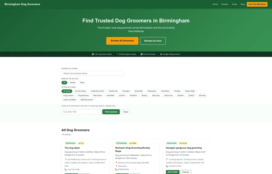 Birmingham Dog Groomers homepage — a live JKHub-built directory site